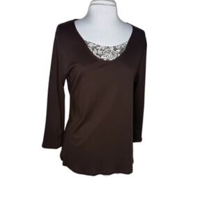NWOT White Stag Long Sleeve Faux Lace Undershirt Scoop Neck Chocolate Top Size L